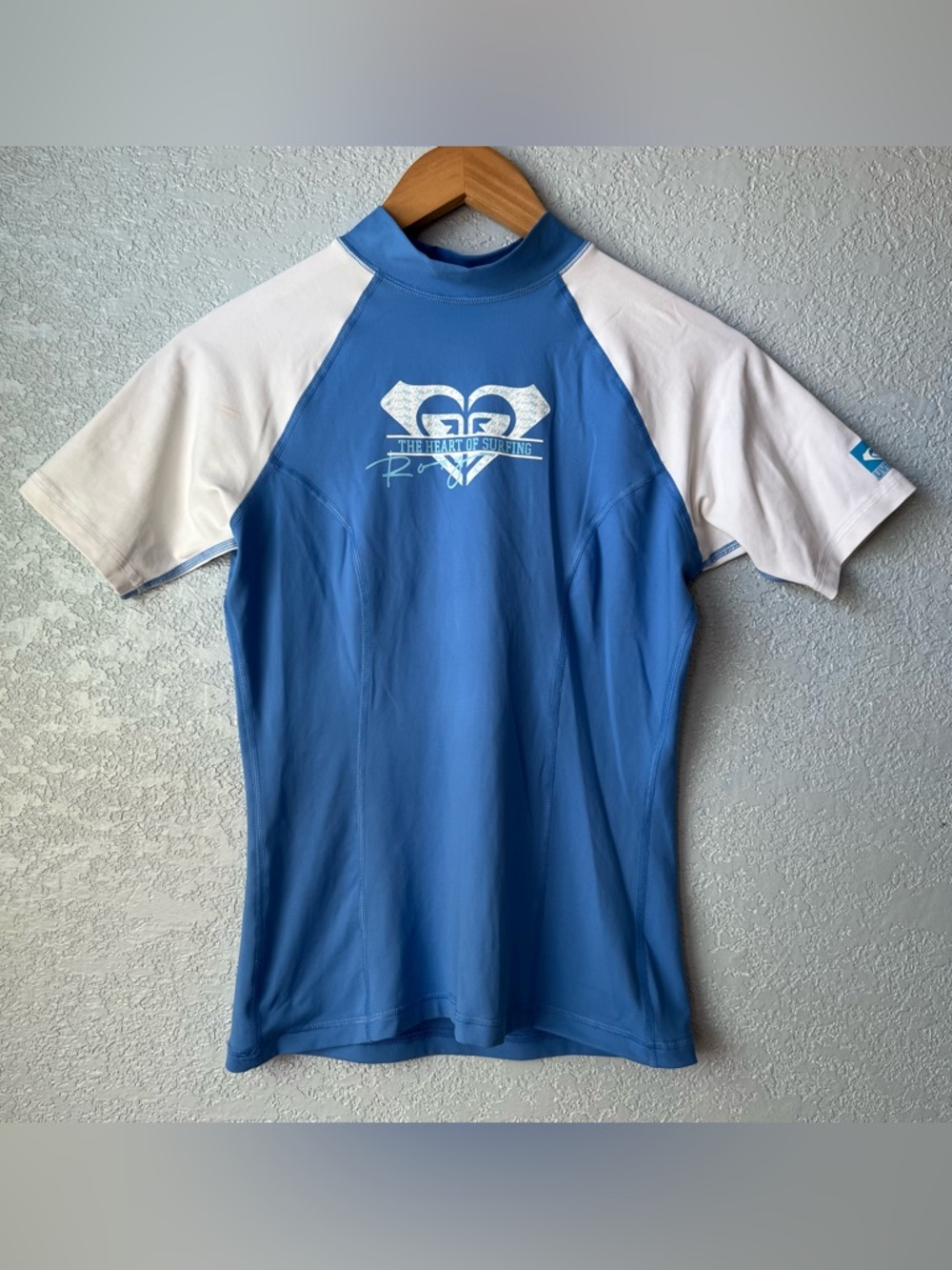 Roxy Blue White Rash Guard UV Protection Surf Swim Top Short Sleeve 10